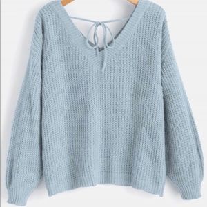 V Neck Drop Shoulder Oversized Sweater light blue